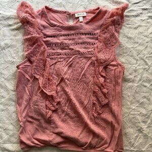 Self E Dusty Rose Lace Shoulder Ruffle Blouse - Mauve Pink - Size Medium